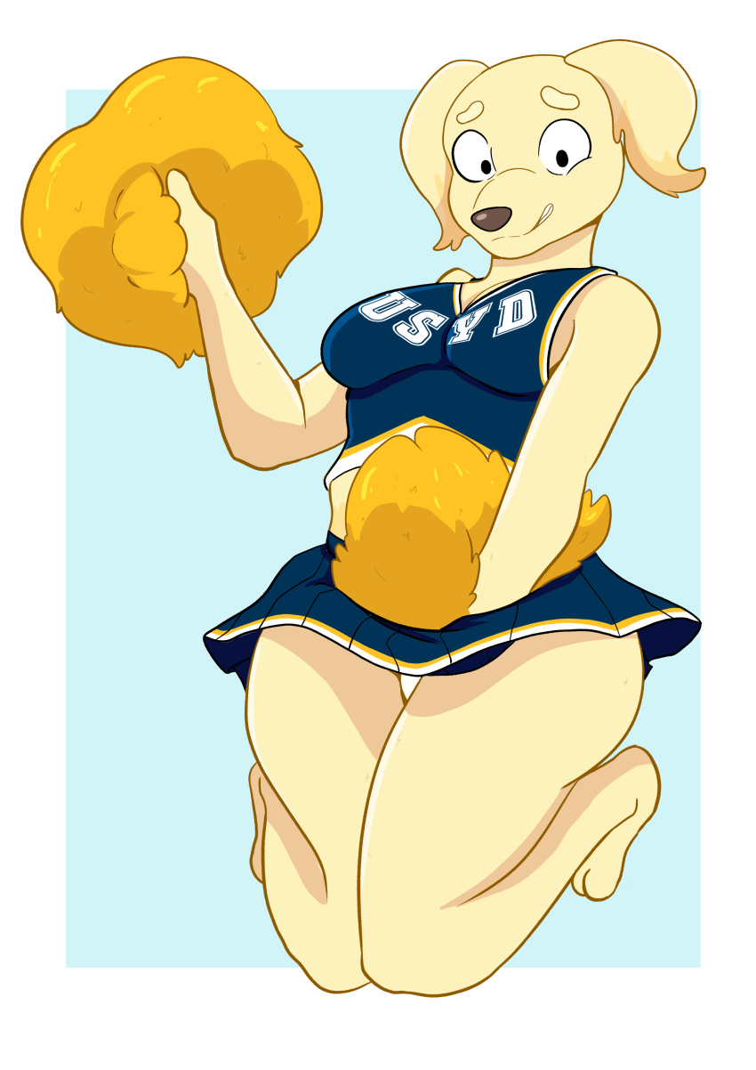 absurd_res anthro bluey_(series) bottomwear cheerleader clothing female hi_res janelle_(bluey) jumping looking_at_viewer miniskirt panties pom_poms reddoshirousagi06 skirt solo underwear upskirt