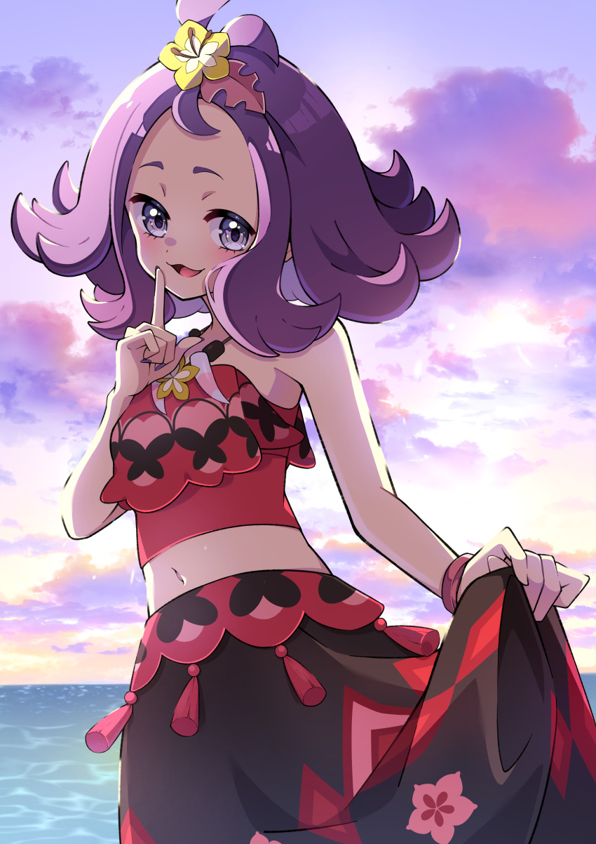 1girl absurdres acerola_(pokemon) acerola_(sygna_suit)_(pokemon) bracelet clothes_lift cloud commentary_request day eyelashes floral_print grey_eyes hand_up highres index_finger_raised jewelry lifted_by_self looking_at_viewer navel necklace official_alternate_costume open_mouth outdoors pokemon pokemon_(game) pokemon_masters_ex pon_yui purple_hair shirt skirt skirt_lift sky sleeveless sleeveless_shirt smile solo topknot