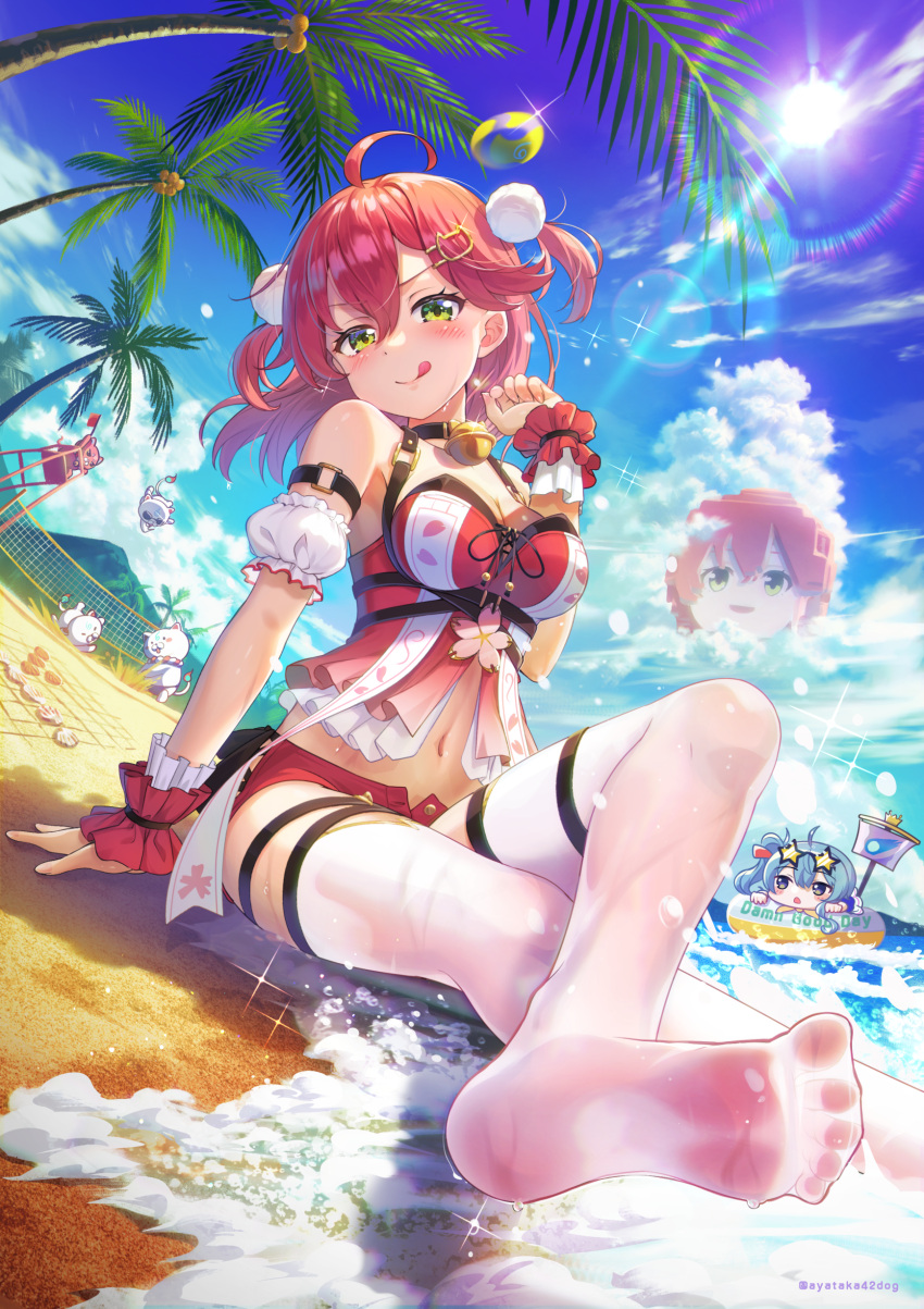 2girls 35p_(sakura_miko) :q absurdres ahoge arm_belt ayataka bare_shoulders beach bell black_choker breasts center_opening choker cleavage closed_mouth day detached_sleeves feet green_eyes hand_up highres hololive hoshimachi_suisei jingle_bell kintoki_(sakura_miko) long_hair looking_at_viewer medium_breasts midriff multiple_girls navel no_shoes open_fly outdoors palm_tree red_hair red_shirt red_shorts revealing_clothes sakura_miko sakura_miko_(4th_costume) scrunchie shirt short_shorts shorts sitting sleeveless sleeveless_shirt smile soles solo_focus stomach sunlight thigh_strap thighhighs thighs toes tongue tongue_out tree two_side_up v-shaped_eyebrows virtual_youtuber water wet wet_thighhighs white_thighhighs wrist_scrunchie