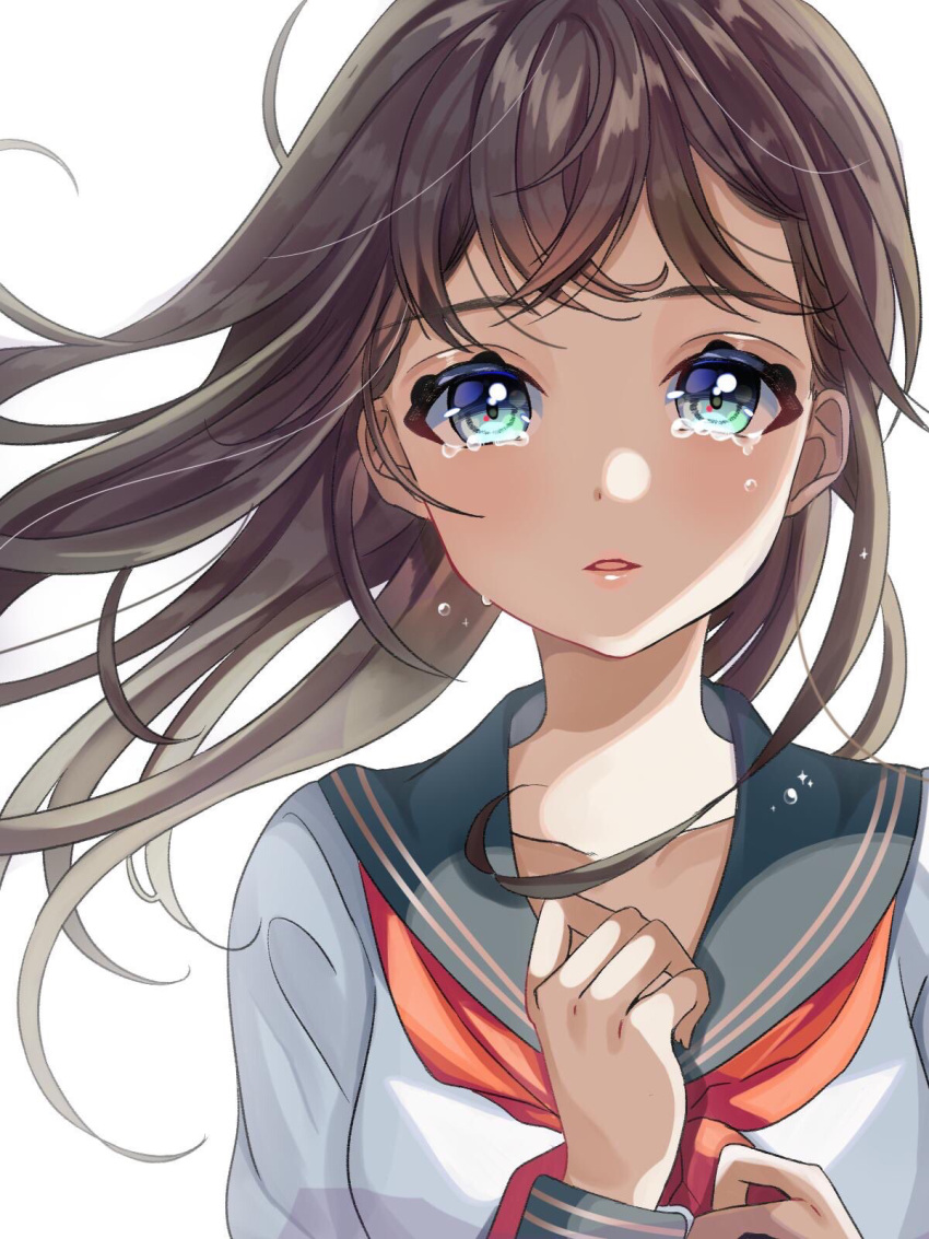 1girl blue_eyes blue_sailor_collar breasts brown_hair collarbone commentary crying crying_with_eyes_open floating_hair hand_on_own_chest highres light_blush long_hair long_sleeves medium_breasts neckerchief original parted_lips pink_lips pink_stripes red_neckerchief sailor_collar school_uniform serafuku shirt simple_background sleeve_cuffs solo striped tears totomachokori unhappy upper_body white_background white_shirt