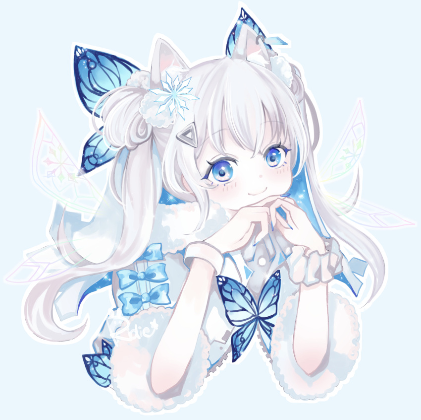 animal_ear_fluff animal_ears artist_name blue_eyes blue_nails blue_ribbon butterfly_hair_ornament child cropped_torso double_bun fairy_wings fur-trimmed_sleeves fur_trim goddess_of_victory:_nikke hair_bun hair_ornament hairclip hands_on_own_chin highres jacket light_blush long_hair n102_(miracle_fairy)_(nikke) n102_(nikke) nail_polish official_alternate_costume own_hands_clasped own_hands_together rainbow_gradient ribbon ridie scrunchie short_sleeves short_twintails snowflake_hair_ornament twintails white_hair white_jacket wings wrist_scrunchie