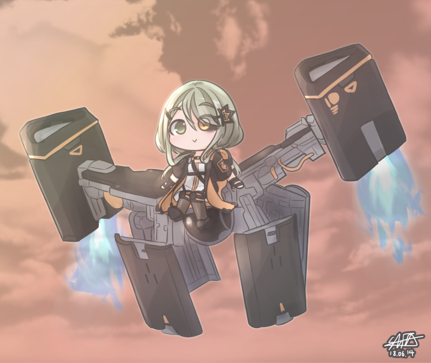 1girl chibi clip_studio_paint_(medium) cloud cloudy_sky colored_sclera dated drone eyepatch fairy_(girls'_frontline) flying girls'_frontline green_eyes hair_ornament heterochromia hiromaster_sinta_jh leaf_print long_hair looking_at_viewer maple_leaf_print mismatched_sclera orange_sky signature sky solo sunset tac-50_(girls'_frontline) yellow_eyes