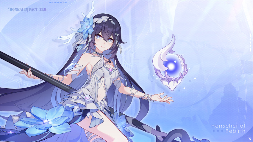 1girl bare_shoulders character_name dress flower hair_between_eyes hair_flower hair_ornament highres holding holding_scythe holding_weapon honkai_(series) honkai_impact_3rd logo long_hair official_art official_wallpaper open_hand orb scythe seele_vollerei seele_vollerei_(herrscher_of_rebirth) smile solo upper_body very_long_hair weapon white_dress