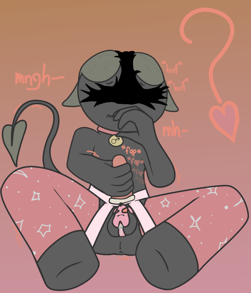 &lt;3 5_fingers absurd_res balls bodily_fluids chastity_cage chastity_device clothing collar collar_tag cum demon dildo eyeless fingers gender_symbol gender_symbol_collar_tag genital_fluids genitals grey_body grey_skin hand_on_mouth hi_res hooves horn humanoid leaking_cum leaking_precum legwear looking_down lustdevil male masturbation pattern_clothing pattern_legwear pink_background precum question_mark sex_toy simple_background sitting solo spread_legs spreading strapon symbol tail taur text worried