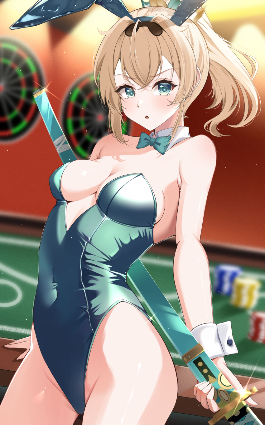 1girl absurdres alternate_costume animal_ears bare_shoulders blonde_hair bow bowtie breasts casino casino_card_table covered_navel cowboy_shot dartboard detached_collar fake_animal_ears green_bow green_bowtie green_eyes green_leotard hair_between_eyes highres holding holding_sword holding_weapon hololive kazama_iroha leotard looking_at_viewer medium_breasts medium_hair mogmog_megmog playboy_bunny poker_chip ponytail sheath sheathed solo strapless strapless_leotard sword table virtual_youtuber weapon wrist_cuffs