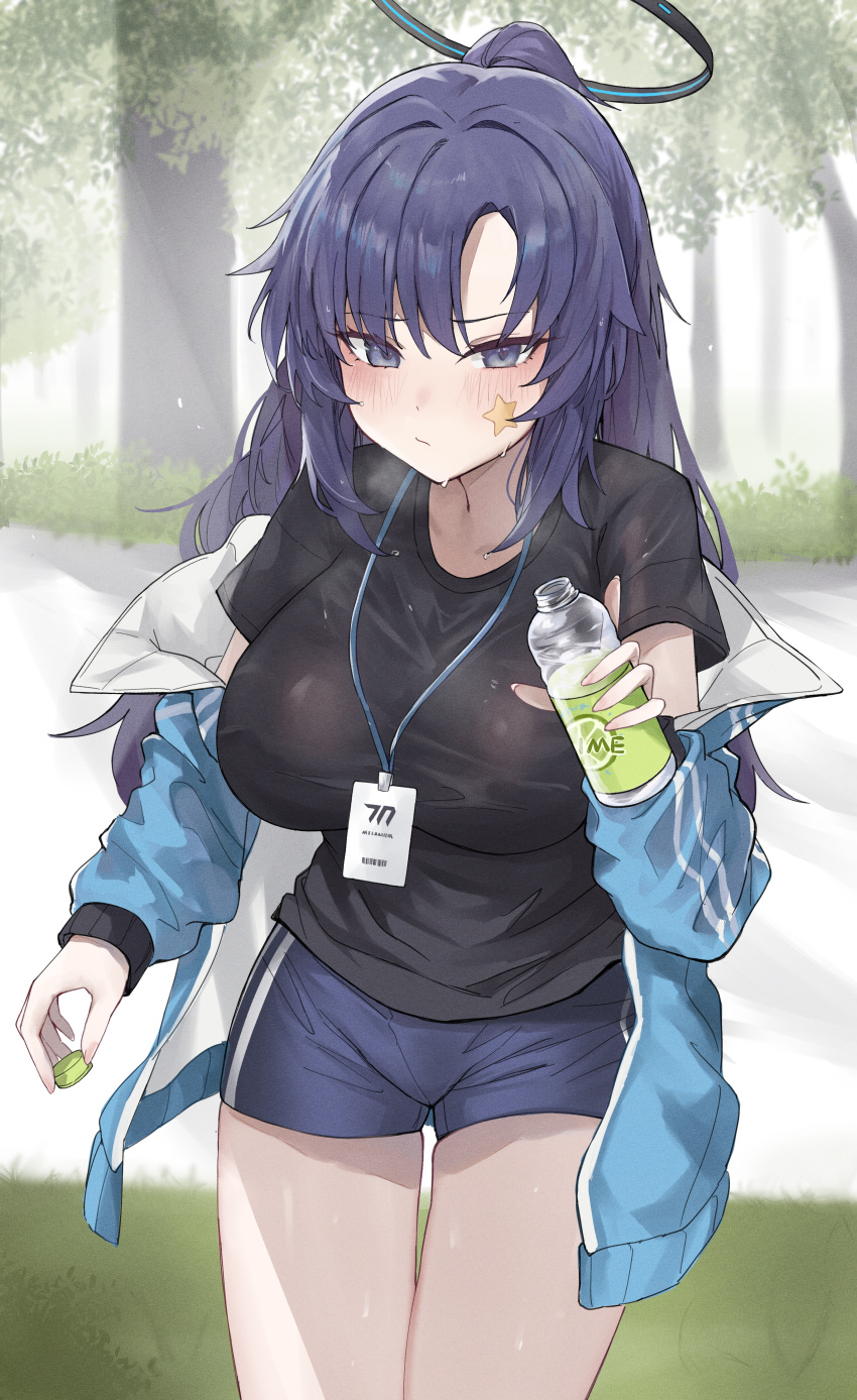 1girl absurdres black_shirt blue_archive blue_jacket blue_shorts blush bottle breasts hangetsu15 highres holding holding_bottle holding_lid jacket jacket_partially_removed lanyard large_breasts long_hair looking_at_viewer official_alternate_costume outdoors park ponytail purple_eyes purple_hair shirt shorts solo star_sticker sticker_on_face sweatdrop track_jacket very_long_hair water_bottle yuuka_(blue_archive) yuuka_(track)_(blue_archive)