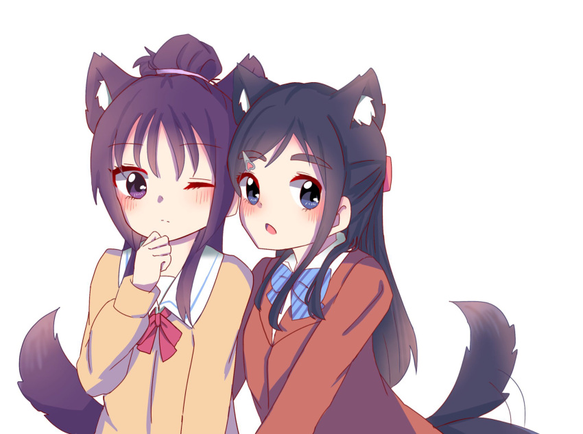 2girls animal_ears blue_hair closed_mouth fox_ears fox_tail futari_wa_precure_splash_star half_updo highres kemonomimi_mode long_hair looking_at_viewer mishou_mai multiple_girls open_mouth precure purple_eyes purple_hair school_uniform simple_background tail thick_eyebrows yukineko_(hrt07121030) yukishiro_honoka yuunagi_middle_school_uniform