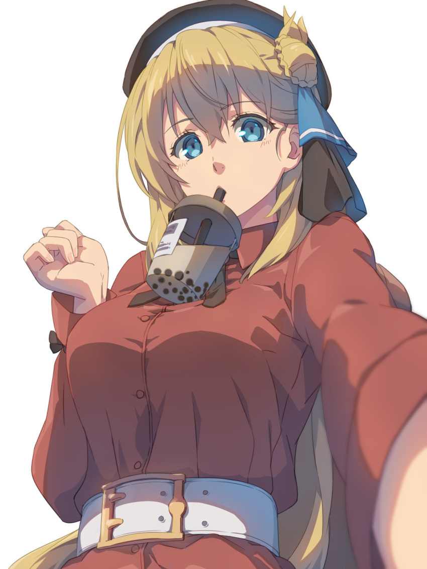 1girl agnes_claudel blonde_hair blue_eyes bolo_tie breasts bubble_tea bubble_tea_challenge chiharu_(9654784) drink drinking_straw drinking_straw_in_mouth eiyuu_densetsu hair_bun hat highres kuro_no_kiseki kuro_no_kiseki_ii large_breasts long_hair looking_at_viewer necktie selfie simple_background solo white_background