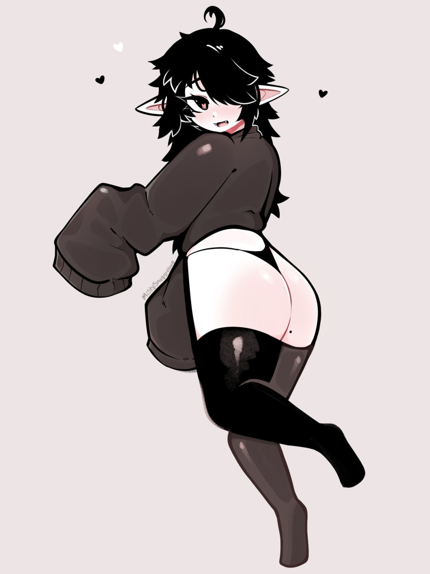 ass black_hair blush cropped_sweater fangs from_side highres huge_ass kneehighs long_hair long_sleeves looking_to_the_side mistysnugglebug mole original pointy_ears sleepy_(mistysnugglebug) socks