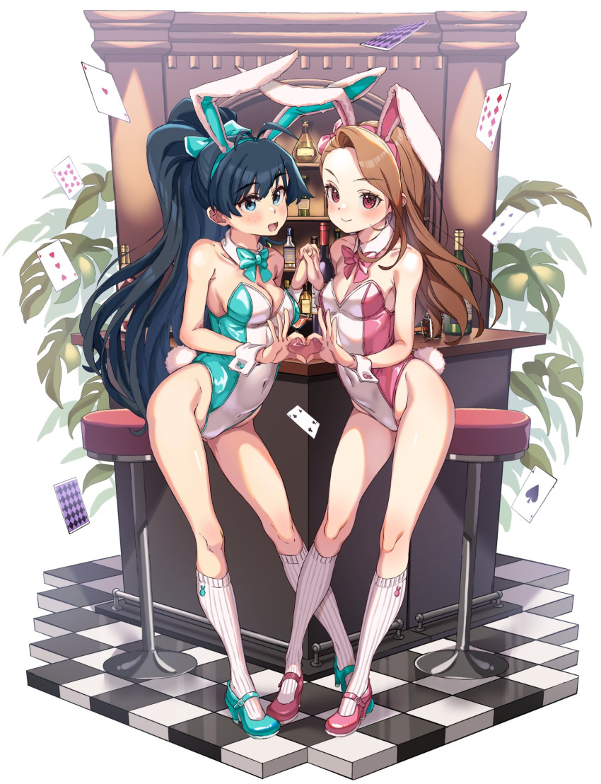 2girls alcohol animal_ears anjerain antenna_hair aqua_footwear bar_(place) bar_stool black_hair blue_eyes blush bottle bow bowtie breasts brown_hair card cleavage collaboration cup detached_collar drinking_glass fake_animal_ears full_body ganaha_hibiki heart heart_hands heart_hands_duo high_heels highleg highleg_leotard highres holding_hands idolmaster idolmaster_(classic) interlocked_fingers kink_(tortoiseshell) kneehighs leotard long_hair looking_at_viewer medium_breasts minase_iori multiple_girls open_mouth pink_eyes pink_footwear playboy_bunny playing_card ponytail rabbit_ears small_breasts smile socks stool strapless strapless_leotard sweatdrop tile_floor tiles two-tone_leotard white_socks wrist_cuffs