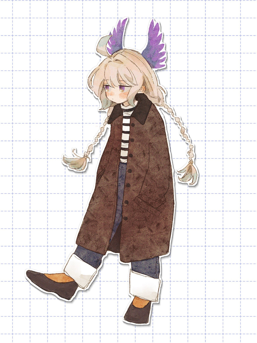 1girl ahoge blonde_hair blush braid coat english_commentary enna_alouette full_body grid_background hands_in_pockets head_wings highres low_twintails mmm_toi0 nijisanji nijisanji_en nose_blush outline purple_eyes shirt solo striped striped_shirt twin_braids twintails white_outline wings