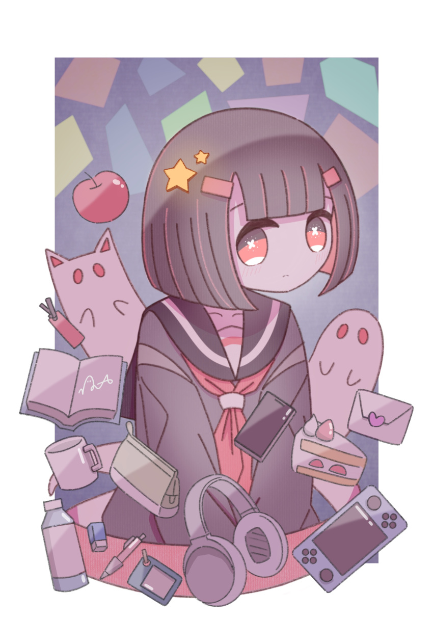 +_+ 1girl apple black_serafuku blue_background blunt_bangs blunt_ends bob_cut book bookmark border bottle brown_hair cake cathead cellphone coin_purse collarbone commentary cup eraser food frown fruit furrowed_brow ghost hair_ornament handheld_game_console headphones highres light_blush looking_at_viewer love_letter mug neckerchief no_nose omochi_noa open_book original pen phone red_eyes red_neckerchief red_theme sailor_collar school_uniform serafuku signature smartphone solid_oval_eyes solo square star_(symbol) star_hair_ornament strawberry_shortcake uniform upper_body v_arms water_bottle white_border