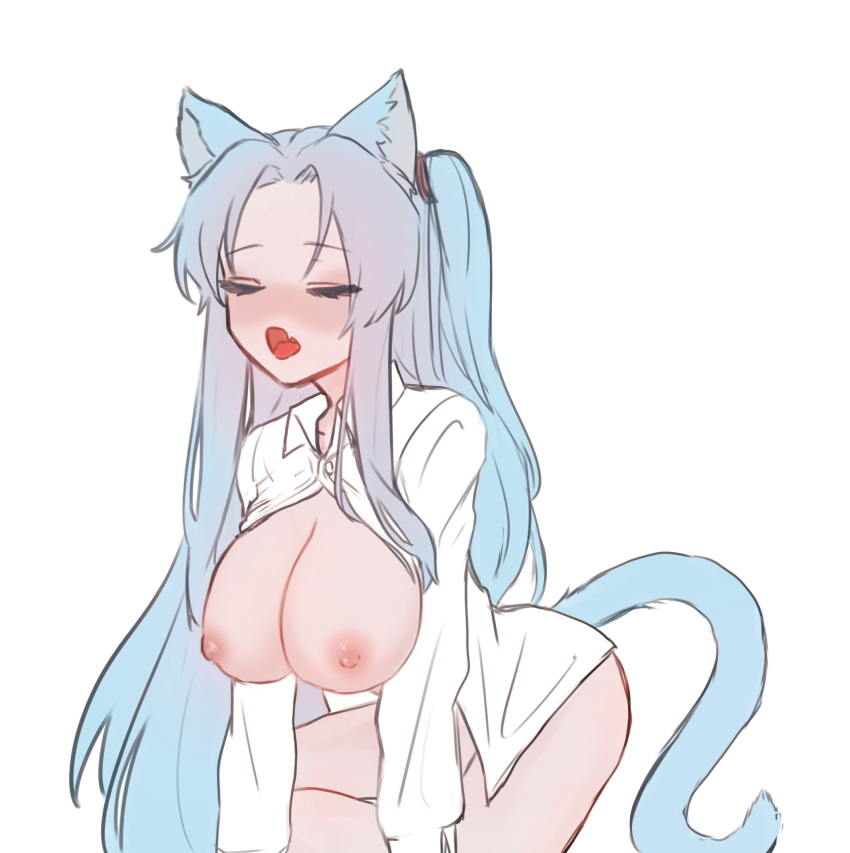 1girl angela_(project_moon) animal_ears blue_hair blush breasts cat_ears cat_tail closed_eyes fang highres large_breasts lobotomy_corporation long_hair moth_ram nipples one_side_up open_clothes open_mouth open_shirt parted_bangs project_moon sidelocks simple_background skin_fang solo tail very_long_hair white_background