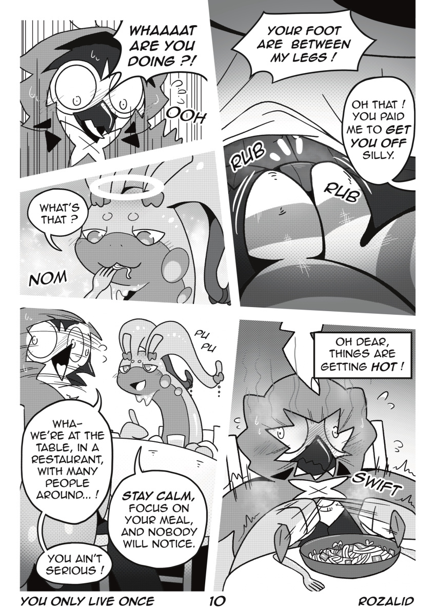 absurd_res anthro avian bird clothed clothing comic decidueye dialogue doujinshi duo eating eating_food english_text erection erection_under_clothing feet female feral food foot_fetish foot_focus foot_play footjob footwear furniture generation_6_pokemon generation_7_pokemon goo_creature goodra hi_res hiding_erection legband legwear louis_(decidueye) male male/female manga mischievous mugu_(goodra) nintendo owl pasta pokemon pokemon_(species) prostitution public_masturbation restaurant rozalid sex socks speech_bubble surprise_sex surprised_eyes table text thigh_highs thigh_socks thighband you_only_live_once
