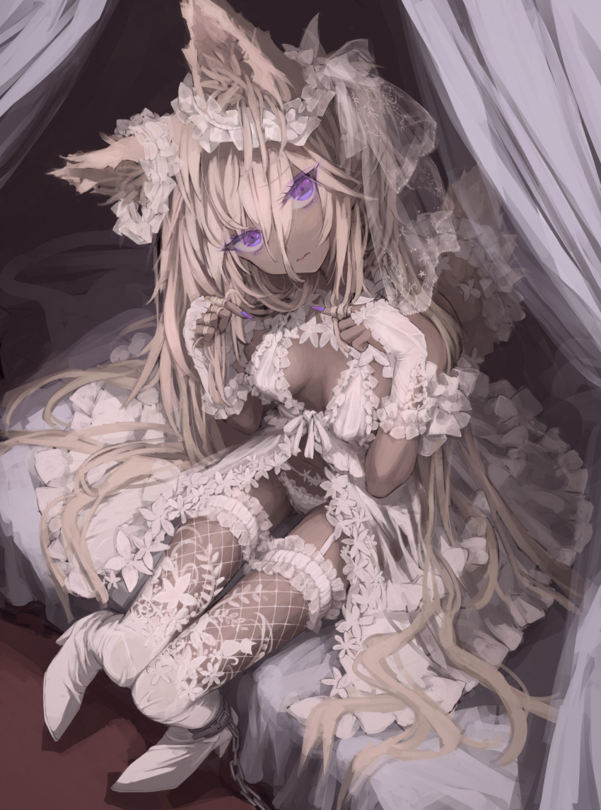 1girl 3: animal_ear_fluff animal_ears ankle_cuffs babydoll bare_shoulders bed blonde_hair breasts bridal_garter bridal_gauntlets bridal_lingerie canopy_bed chain dark-skinned_female dark_skin dress fingernails fishnet_thighhighs fishnets fox_ears fox_girl fox_tail frilled_dress frilled_gloves frilled_thighhighs frills full_body garter_belt gloves hair_between_eyes head_tilt highres lace lingerie long_bangs long_hair looking_at_viewer navel on_bed original osobachan panties pigeon-toed purple_eyes purple_nails sitting small_breasts solo tail thighhighs underwear very_long_hair white_babydoll white_footwear white_panties white_thighhighs