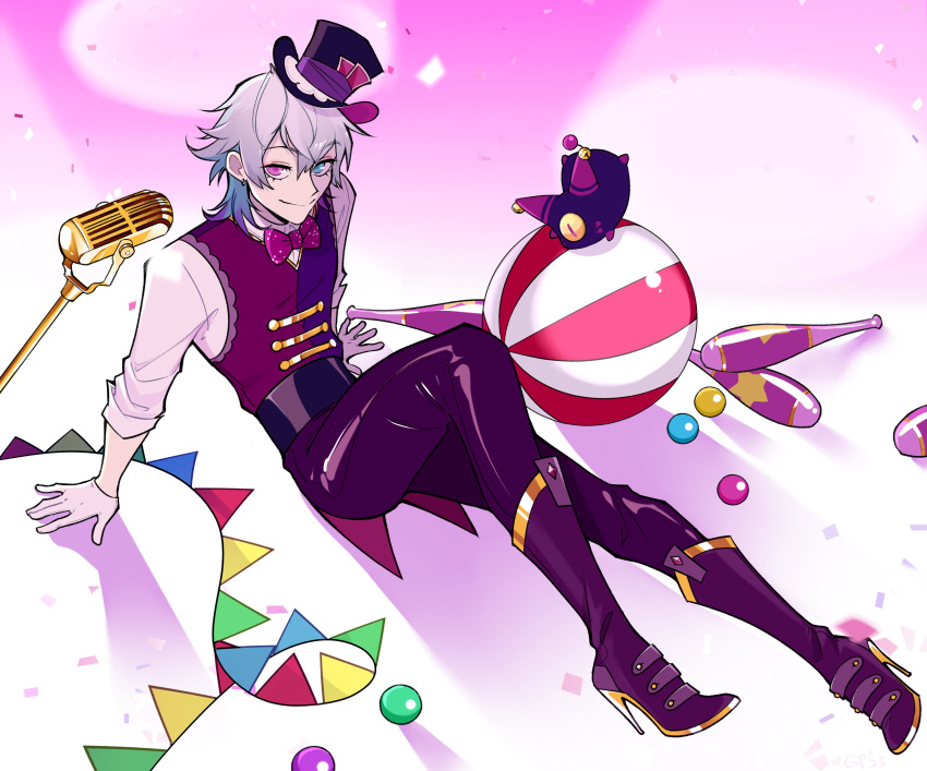 1boy absurdres backlighting black_pants blue_eyes blue_hair boots bow bowtie earrings english_commentary gavis_bettel gigglepox gloves grey_hair hair_between_eyes hat heterochromia high_heel_boots high_heels highres holostars holostars_english jewelry juggling_club leaning_back leg_up looking_at_viewer male_focus microphone_stand multicolored_hair on_floor pants phantom_(gavis_bettel) pink_eyes pink_hair shiny_clothes shirt simple_background smile solo spotlight string_of_flags top_hat vest white_gloves white_hair white_shirt