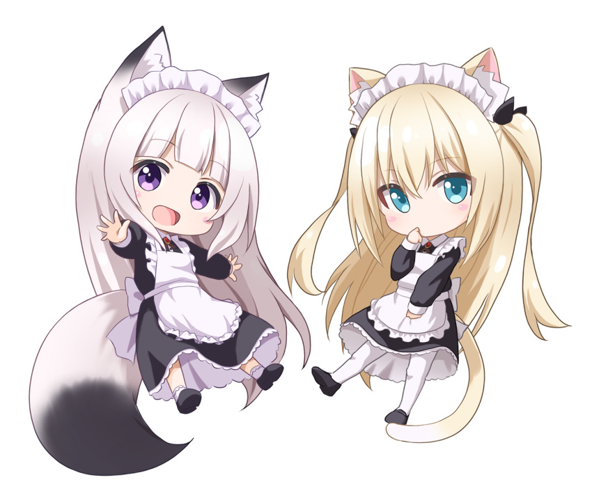 2girls animal_ears apron baggy_clothes black_bow black_dress blonde_hair blue_eyes bow cat_ears cat_tail dress fox_ears fox_tail mii_(mogura2009) mogura2009 momo_(mogura2009) multiple_girls original purple_eyes tail white_hair