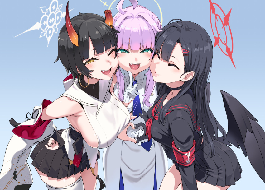 3girls :d ahoge asanagi black_choker black_gloves black_hair black_wings blue_archive blue_necktie blunt_bangs blush braid braided_bun breasts broken_horn cheek-to-cheek choker closed_eyes collared_jacket commentary_request earrings gloves green_eyes hair_bun hair_ornament hairclip halo heads_together heart heart_hands highres hoop_earrings horns ichika_(blue_archive) index_finger_raised jacket japanese_clothes jewelry kaya_(blue_archive) large_breasts leaning_forward long_hair long_sleeves looking_at_viewer low_wings mole mole_under_eye multiple_girls neckerchief necktie niya_(blue_archive) one_eye_closed open_mouth pantyhose pink_hair pointing pointing_at_viewer red_neckerchief school_uniform short_hair sidelocks simple_background sitting smile smug thighhighs toes white_background white_gloves white_jacket white_pantyhose wide_sleeves wings