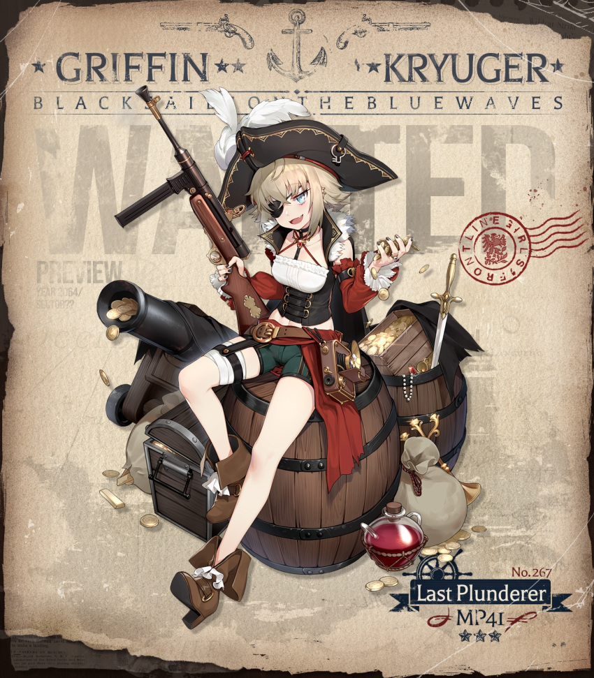 1girl artist_request barrel bicorne blonde_hair blue_eyes boots brown_footwear cannon character_name coin detached_sleeves english_commentary english_text eyepatch girls'_frontline gold_coin green_shorts gun hat highres holding holding_gun holding_weapon mp41 mp41_(girls'_frontline) mp41_(last_plunderer)_(girls'_frontline) official_alternate_costume official_art pirate pirate_costume pirate_hat sack short_hair short_shorts shorts sitting solo submachine_gun sword treasure_chest weapon