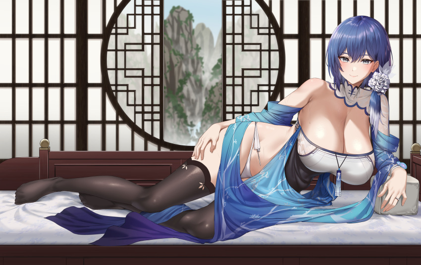 1girl black_thighhighs blue_hair blush breasts cleavage closed_mouth commission dp-12_(echeveria_lantern)_(girls'_frontline) dp-12_(girls'_frontline) english_commentary feet fuooooo girls'_frontline grey_eyes hair_ornament highres jewelry large_breasts legs looking_at_viewer lying medium_hair no_shoes official_alternate_costume on_side paid_reward_available panties ring single_bare_shoulder skeb_commission smile thighhighs thighs toes underwear white_panties