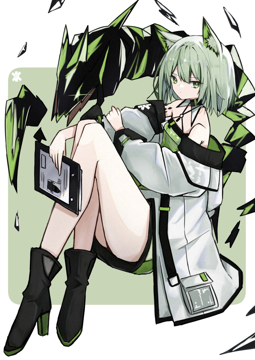 1girl absurdres animal_ears arknights black_footwear boots cat_ears cat_girl clipboard coat crossed_legs dress green_dress green_eyes green_hair high_heel_boots high_heels highres holding holding_clipboard kal'tsit_(arknights) looking_at_viewer mon3tr_(arknights) off-shoulder_dress off_shoulder oripathy_lesion_(arknights) short_hair simple_background solo thighs touko_(toko12_tooko) white_coat