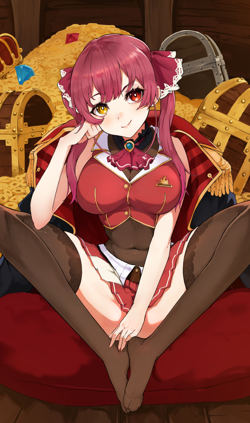 1girl absurdres ascot black_choker black_coat breasts brown_leotard brown_thighhighs choker cleavage closed_mouth coat coat_on_shoulders coin covered_navel covering covering_crotch eyelashes feet frilled_choker frills full_body gold gold_coin gold_trim hair_ribbon hand_up head_rest heterochromia highres hololive houshou_marine houshou_marine_(1st_costume) indoors jacket knees_apart_feet_together knees_up lace_trim large_breasts legs leotard long_hair looking_at_viewer miniskirt minus_zero69 no_shoes pleated_skirt red_ascot red_eyes red_hair red_jacket red_ribbon red_skirt ribbon sitting skirt sleeveless sleeveless_jacket smile solo thighhighs thighs toes treasure_chest twintails virtual_youtuber wooden_floor yellow_eyes