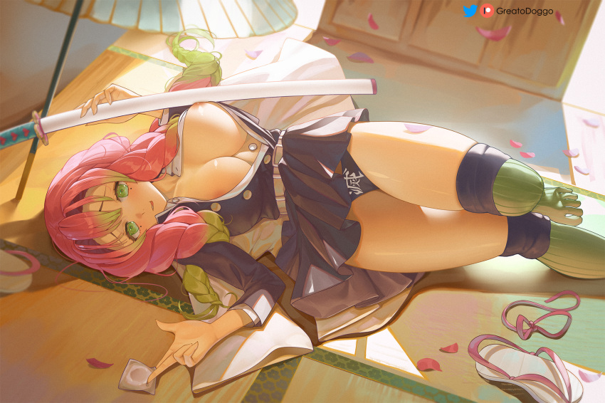 1girl between_fingers braid breasts condom condom_wrapper falling_petals foot_out_of_frame greatodoggo green_eyes green_hair highres holding holding_condom holding_sword holding_weapon kanroji_mitsuri katana kimetsu_no_yaiba large_breasts long_hair lying miniskirt mole mole_under_eye multicolored_hair nipple_slip nipples on_back open_clothes open_shirt parted_lips petals pleated_skirt sandals scabbard sheath sheathed shoes shoes_removed skirt solo sword thighhighs thighs twin_braids two-tone_hair weapon