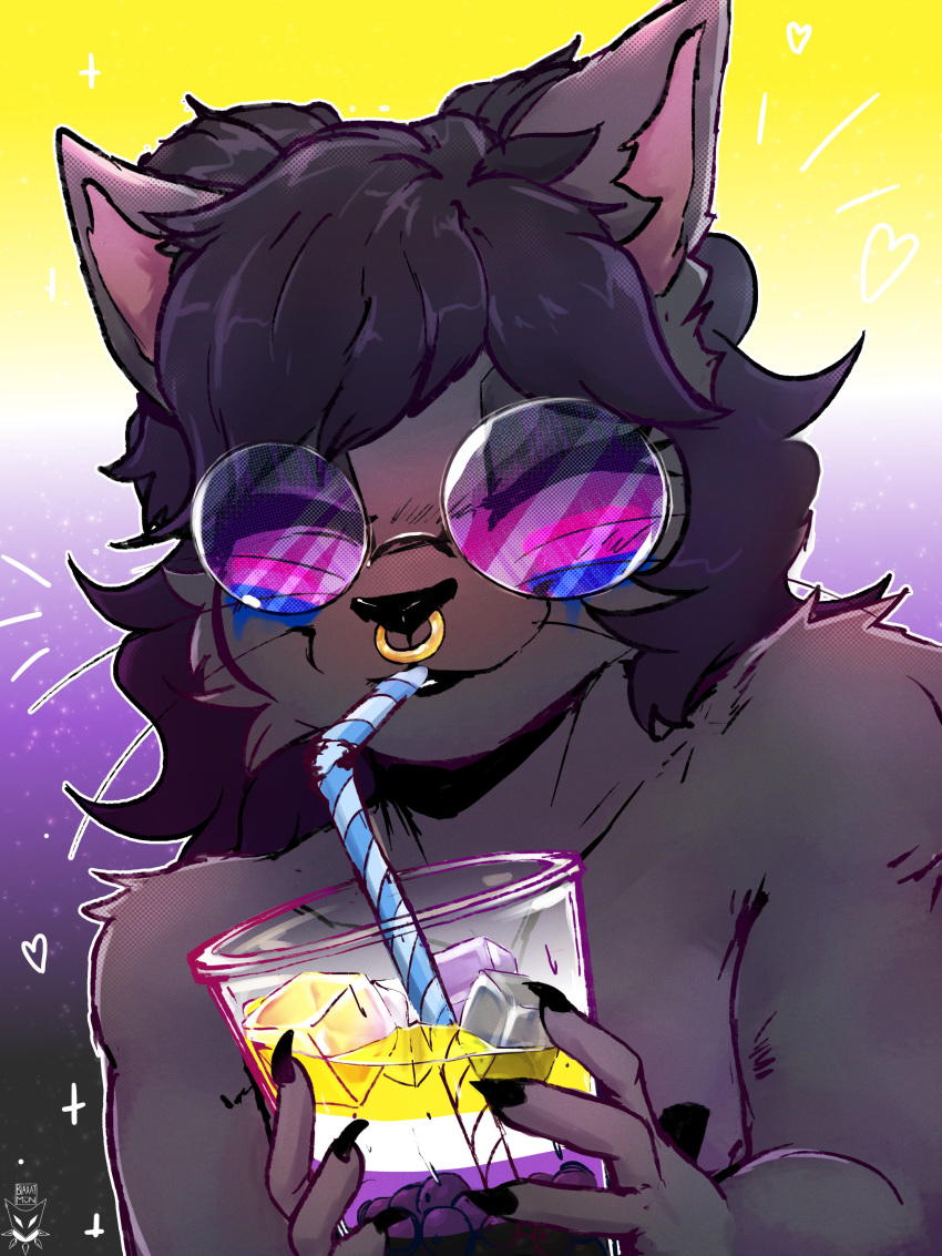 &lt;3 3:4 absurd_res anthro beverage bisexual_pride_colors black_body black_fur black_hair blaxat_(artist) bodypaint bubble_tea cheek_tuft chest_tuft container cup demon domestic_cat drinking drinking_straw eyes_closed face_paint facial_piercing facial_tuft fangs felid feline felis floppy_ears fur gradient_background grey_body grey_fur hair hi_res intersex_pride_colors lgbt_pride lips male mammal nonbinary_pride_colors nose_piercing nose_ring piercing pride_colors ring_piercing simple_background smile solo sparkles teeth thick_bottom_lip tinted_glasses tuft