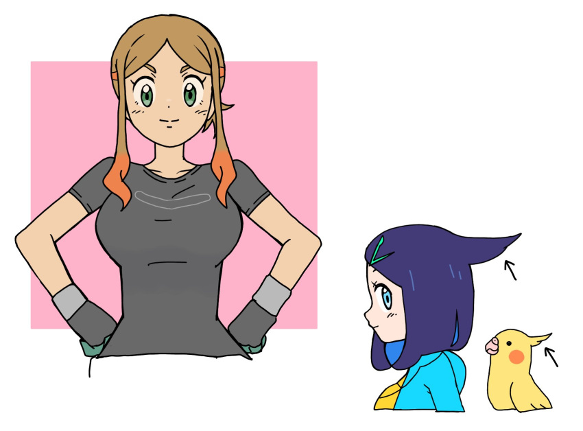 2girls arrow_(symbol) bird breasts brown_hair closed_mouth commentary_request cowlick eyelashes gloves green_eyes green_jacket hair_ornament hairclip hands_on_own_hips highres jacket liko_(pokemon) looking_at_viewer multiple_girls orla_(pokemon) parted_bangs pokemon pokemon_(anime) pokemon_horizons shiogi_(riza_49) shirt short_sleeves smile split_mouth t-shirt yellow_bag