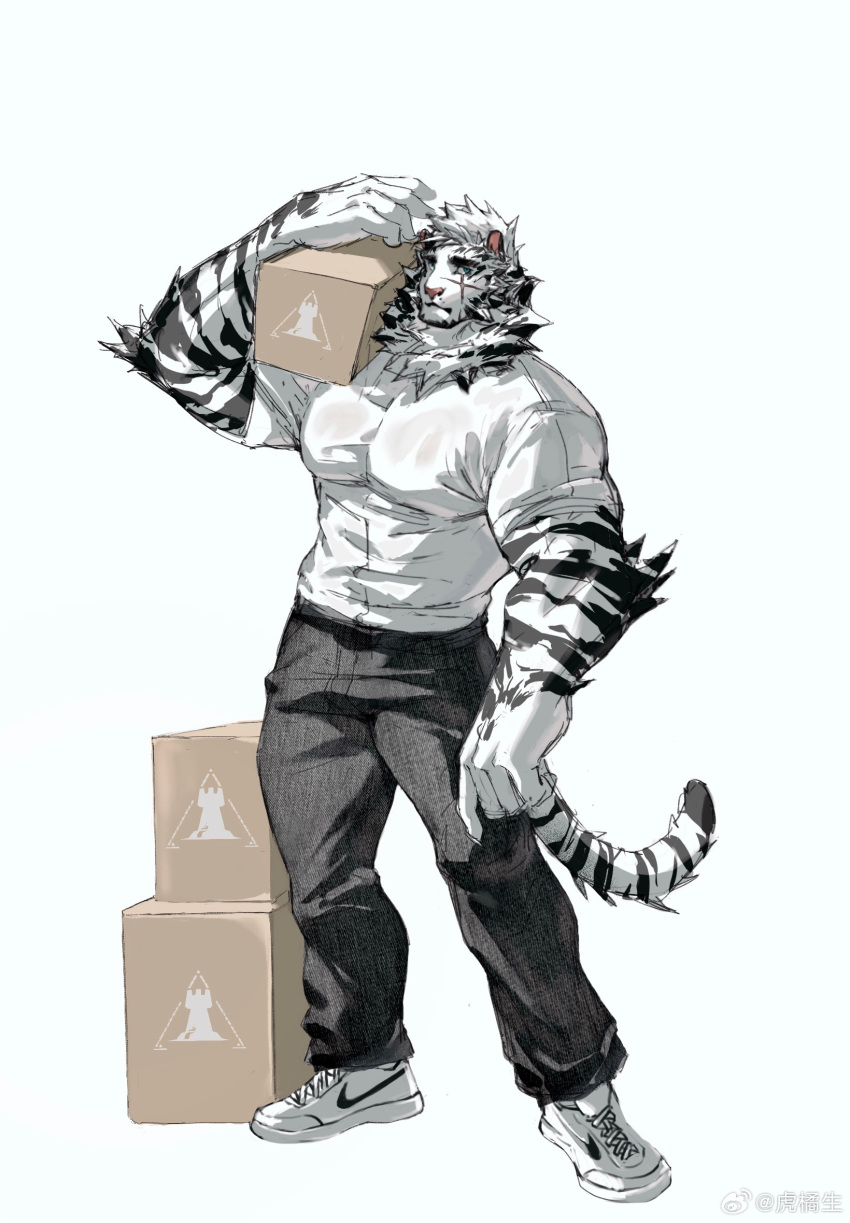 1boy alternate_costume animal_ears arknights bara box cardboard_box carrying_over_shoulder contrapposto expressionless facial_hair full_body furry furry_male goatee highres huge_pectorals hujusheng large_hands mountain_(arknights) muscular muscular_male nike scar scar_across_eye short_hair sleeves_rolled_up solo standing sweaty_clothes thick_eyebrows tiger_boy tiger_ears white_fur white_hair