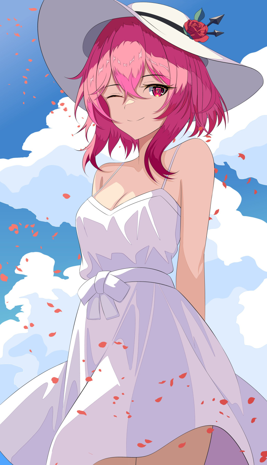 1girl ;) absurdres breasts cleavage cloud dress highres itsrice nijisanji nijisanji_en one_eye_closed pink_eyes pink_hair rosemi_lovelock sleeveless sleeveless_dress smile solo virtual_youtuber white_dress white_headwear