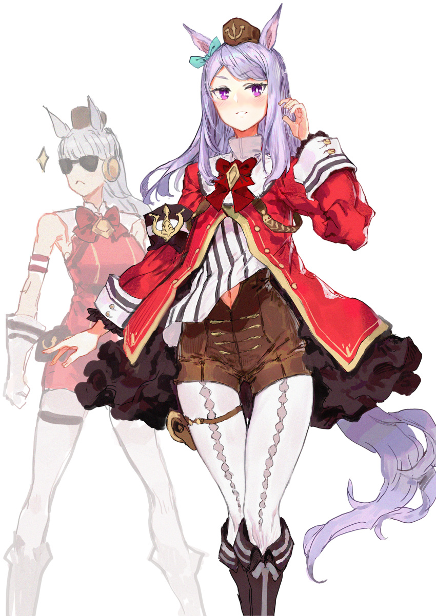 2girls absurdres adapted_costume animal_ears aqua_bow black_footwear blush boots bow brown_headwear brown_shorts clenched_hand codename47 commentary_request ear_bow feet_out_of_frame frilled_jacket frills gold_ship_(umamusume) grey_hair highres horse_ears horse_girl horse_tail jacket long_sleeves looking_at_viewer mejiro_mcqueen_(umamusume) multiple_girls open_clothes open_jacket pantyhose parted_lips pillbox_hat purple_eyes purple_hair red_jacket shorts simple_background smile tail thigh_strap umamusume white_background white_pantyhose