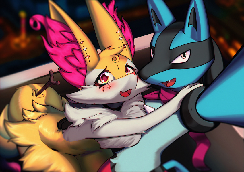 alipse anthro blue_body braixen duo female fur generation_4_pokemon generation_6_pokemon grey_eyes hi_res lucario male male/female nintendo orange_body orange_eyes orange_fur pokemon pokemon_(species) selfie white_body white_fur yellow_body yellow_fur