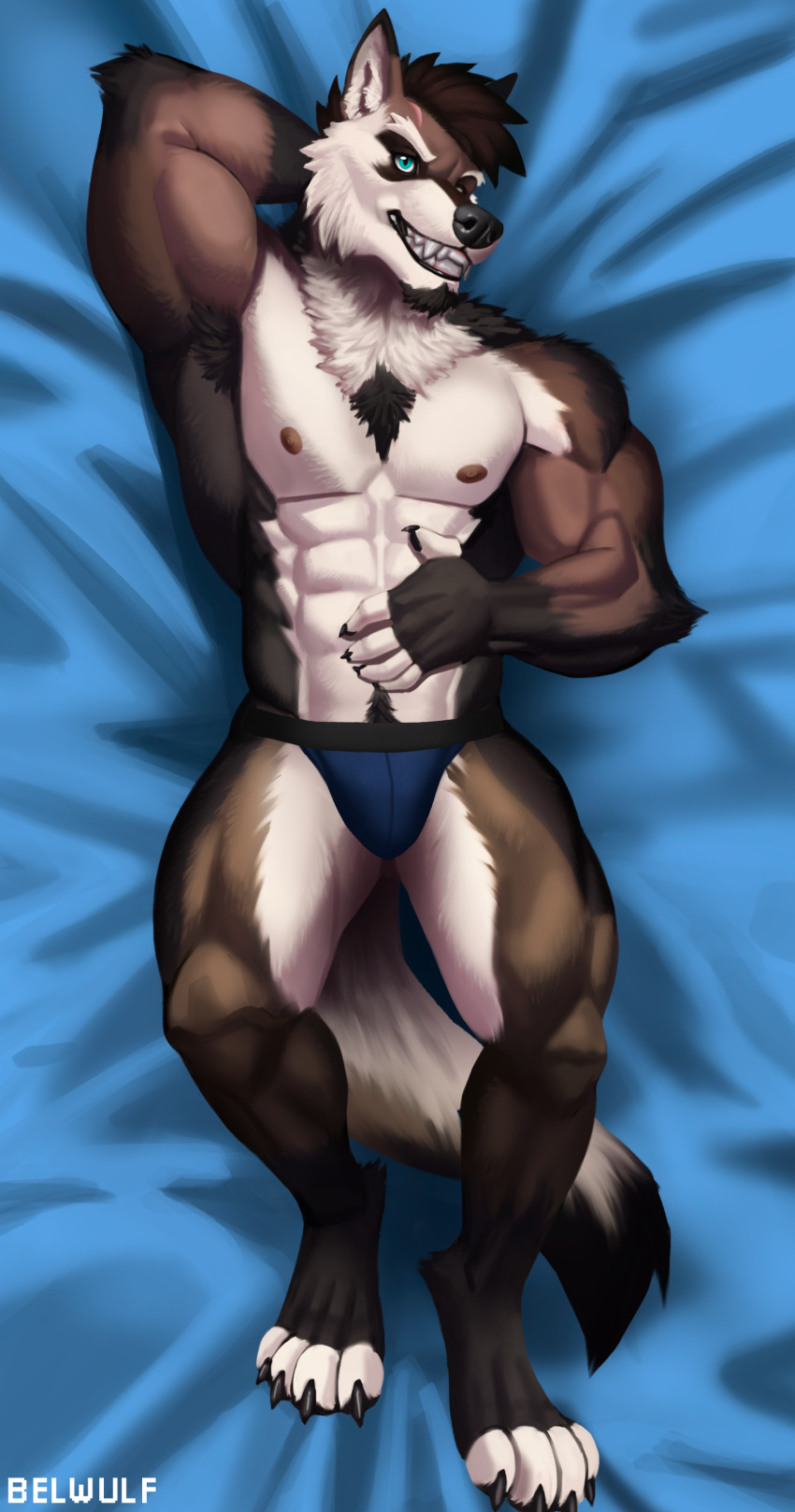 abs absurd_res anthro armpit_hair armpit_tuft belwulf biceps black_body black_claws black_fur black_hair black_nose blue_eyes body_hair brown_body brown_fur canid canine canis chest_hair chest_tuft chin_tuft claws clothed clothing dakimakura_design dakimakura_pose dakimakura_style digitigrade dipstick_tail eyebrows facial_hair facial_tuft fur goatee hair hand_behind_head hand_on_stomach happy_trail hi_res jockstrap jockstrap_only male mammal markings mexican_wolf multicolored_body multicolored_fur muscular muscular_anthro muscular_male neck_tuft nipples pawpads paws pecs pubes sade_(canonical) scar scar_on_face seductive solo solo_focus tail tail_markings thick_eyebrows toothy_grin topless tuft two_tone_body two_tone_fur underwear underwear_only white_body white_fur wolf
