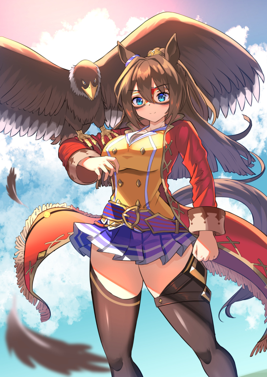 1girl animal_ears bird black_thighhighs blue_eyes blue_sky breasts brown_hair buttons clenched_hand commentary_request domino_mask double-breasted eagle ear_ornament el_condor_pasa_(umamusume) feet_out_of_frame highres horse_ears horse_girl horse_tail jacket large_breasts long_hair looking_at_viewer mambo_(umamusume) mask outdoors pleated_skirt purple_skirt red_jacket shirt skirt sky solo tail thighhighs thighs umamusume yellow_shirt yuutopia