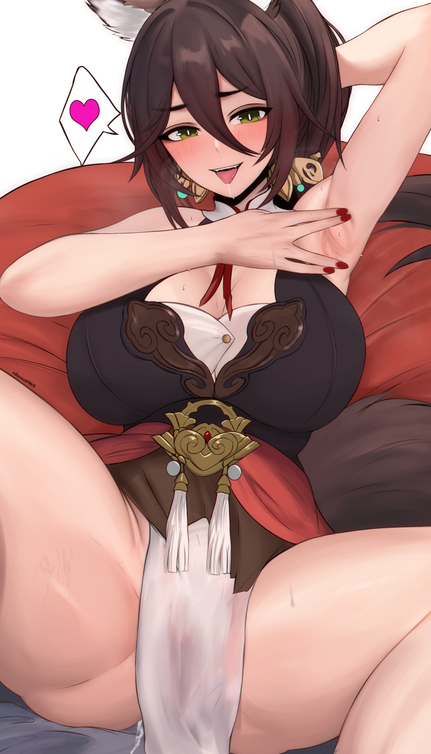 1girl absurdres animal_ears armpits artist_name blush breasts breath brown_dress brown_hair cleavage cleavage_cutout clothing_cutout commentary cum cumdrip dress drooling edmun feet_out_of_frame fox_ears fox_girl fox_tail gradient_hair green_eyes hair_between_eyes heart highres honkai:_star_rail honkai_(series) large_breasts looking_at_viewer medium_hair multicolored_hair nail_polish open_mouth pelvic_curtain ponytail presenting_armpit red_hair red_nails saliva simple_background sitting smile solo spoken_heart spread_armpit spread_legs sweat tail tassel teeth thick_thighs thighs tingyun_(honkai:_star_rail) tongue tongue_out upper_teeth_only white_background