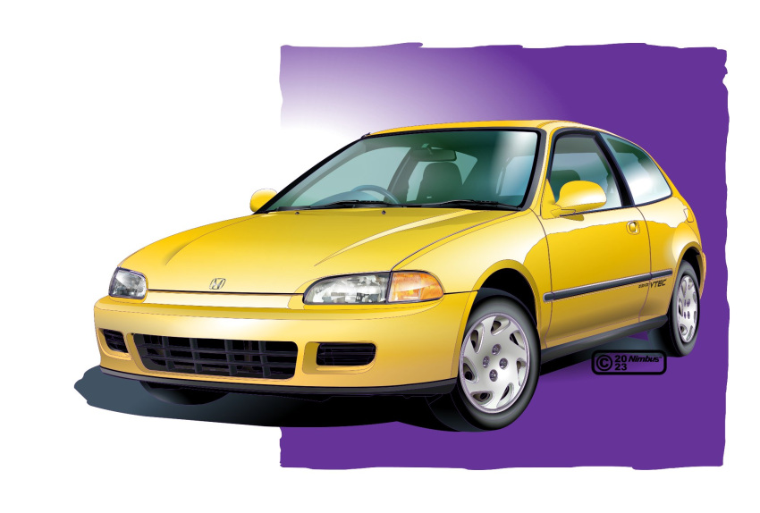 2023 artist_name car ground_vehicle headlight highres honda honda_civic motor_vehicle nimbus_goldbrum no_humans original purple_background rear-view_mirror steering_wheel two-tone_background vehicle_focus white_background yellow_car