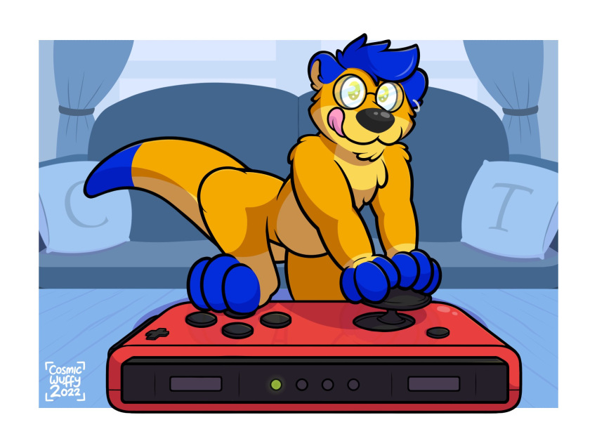 2022 anthro blue_hair controller cosmicwuffy_(artist) eyewear focusing game_controller gaming glasses hair herpestid hi_res male mammal meerkat micro nintendo nintendo_controller nintendo_switch paws solo tigerthemeerkat