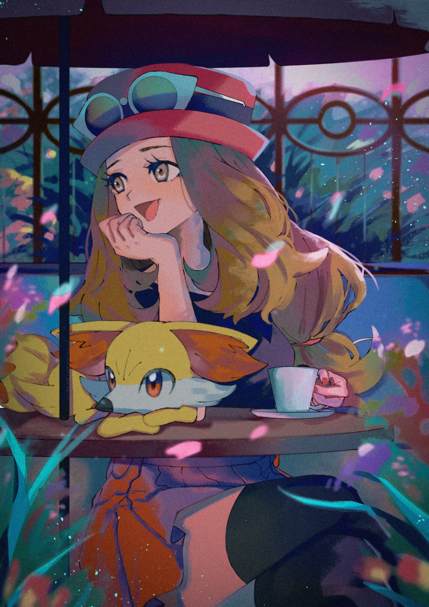 1girl :d black_thighhighs commentary cup eyelashes eyewear_on_headwear falling_petals fennekin grey_eyes hand_up hat head_rest highres holding holding_cup karin_(nasi0402) long_hair looking_to_the_side nail_polish open_mouth outdoors petals pokemon pokemon_(creature) pokemon_(game) pokemon_xy red_headwear red_skirt saucer serena_(pokemon) sitting skirt smile sunglasses symbol-only_commentary table thighhighs tongue white-framed_eyewear zettai_ryouiki