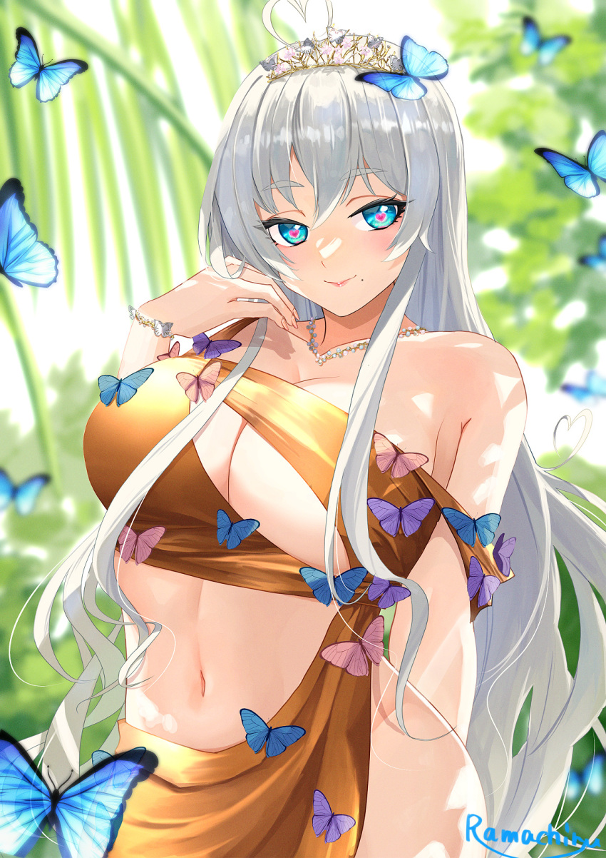 1girl ahoge artist_name blue_butterfly blue_eyes blurry blurry_background bracelet breasts bug butterfly cleavage cleavage_cutout clothing_cutout collarbone commission gold_dress grey_hair heart heart-shaped_pupils heart_ahoge highres jewelry large_breasts long_hair mole mole_under_mouth navel necklace original pink_butterfly pink_pupils ramachiru single_bare_shoulder skeb_commission solo symbol-shaped_pupils tiara