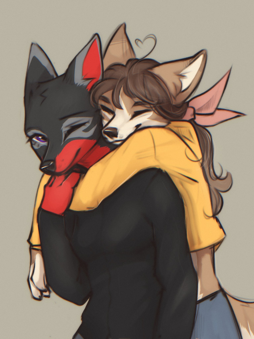 2023 anthro black_body black_clothing black_fur black_topwear brown_body brown_fur brown_hair canid canine clothed clothing digital_media_(artwork) duo embrace eyes_closed female fox fully_clothed fur hair hi_res hug hugging_from_behind looking_at_viewer male mammal midriff one_eye_closed purple_eyes red_body red_fur simple_background tan_body tan_fur topwear yellow_clothing yellow_topwear yshanii