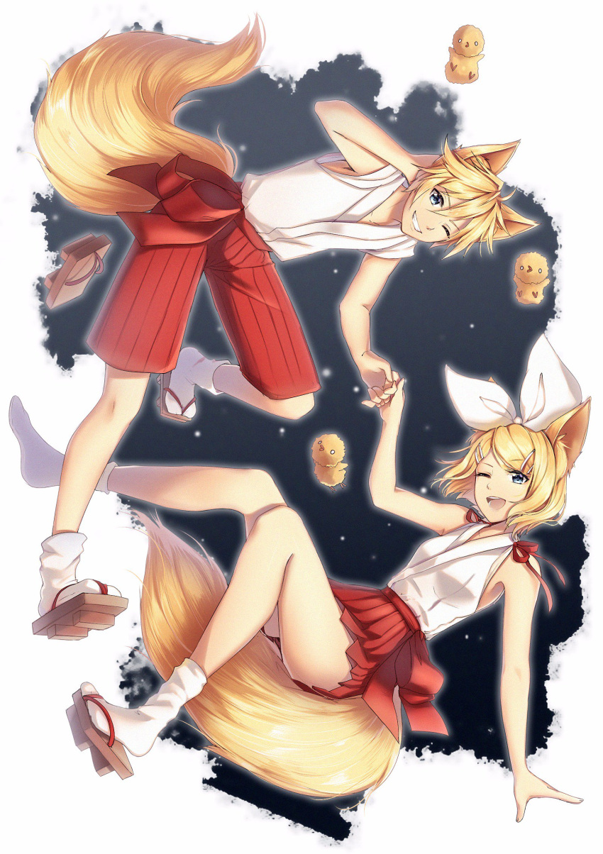 1boy 1girl animal_ears arm_behind_head bird blonde_hair blue_eyes brother_and_sister chick commentary english_commentary fox_boy fox_ears fox_girl fox_tail geta grin hair_ornament hairclip hand_grab highres kagamine_len kagamine_rin kemonomimi_mode miniskirt one_eye_closed open_mouth pleated_skirt red_shorts shirt shorts siblings skirt sleeveless sleeveless_shirt smile socks tail twins vocaloid white_socks yen-mi