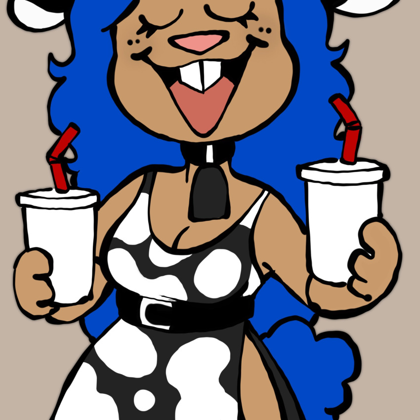 accessory anthro beverage blue_hair clothing cow_costume creator_ant dress female food hair hi_res long_hair milkshake open_mouth pattern_clothing pattern_dress snack solo spots spotted_clothing spotted_dress