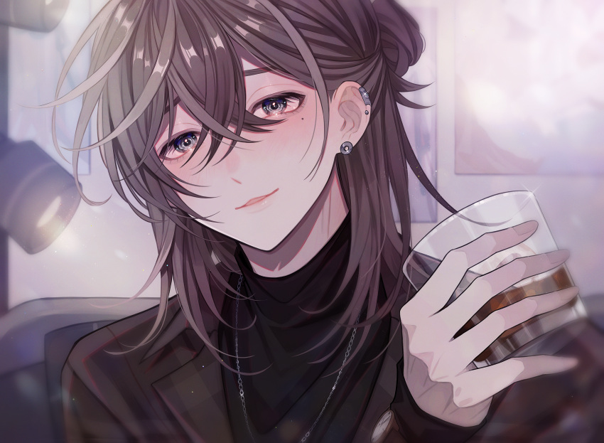 1boy absurdres black_shirt brown_coat brown_hair coat crossed_bangs cup ear_piercing highres holding holding_cup jewelry kanae_(nijisanji) male_focus medium_hair mole mole_under_eye necklace nijisanji piercing shirt smile solo turtleneck virtual_youtuber wabiawabi