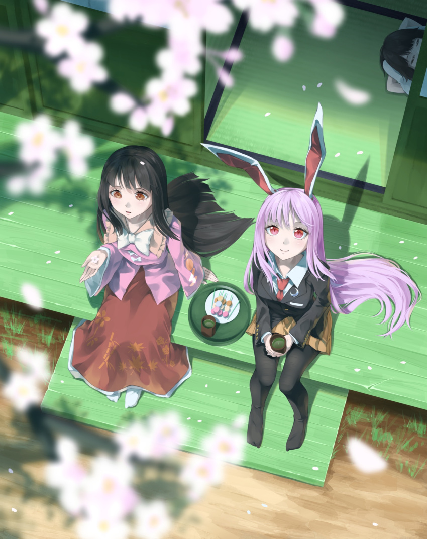 3girls animal_ears autumn_leaves bamboo_print black_hair black_jacket black_pantyhose blurry blush bow bowtie branch breasts brown_eyes buttons cherry_blossoms closed_eyes closed_mouth cloud_print collared_jacket collared_shirt crescent crescent_pin cup dango english_commentary floor floral_print flower food frills grass green_tea hair_between_eyes hand_up highres holding holding_cup houraisan_kaguya inaba_tewi jacket leaf_print long_hair long_sleeves looking_up medium_breasts moon_print multiple_girls necktie no_shoes on_floor open_mouth orange_flower orange_skirt otomeza_ryuseigun pantyhose petals pillow pink_shirt plate purple_hair rabbit_ears red_eyes red_necktie red_skirt reisen_udongein_inaba shadow shirt short_hair sidelocks skirt sleeping smile socks tea touhou tray wagashi white_bow white_bowtie white_flower white_shirt white_socks wide_sleeves wing_collar wooden_floor yunomi