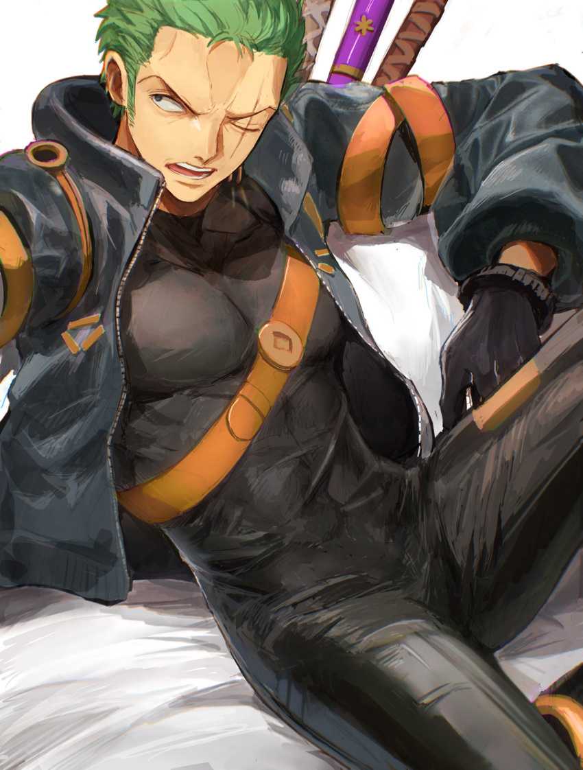 1boy arm_rest arm_up black_bodysuit black_gloves black_jacket bodysuit collared_jacket gloves green_hair high_collar highres jacket leaning_back leaning_to_the_side long_sleeves looking_to_the_side male_focus oekakiboya official_alternate_costume one_eye_closed one_piece open_clothes open_jacket open_mouth pectorals revision roronoa_zoro scar scar_across_eye short_hair sideburns sitting skin_tight solo spoilers spread_legs sword toned toned_male turtleneck turtleneck_bodysuit unzipped v-shaped_eyebrows weapon weapon_on_back zipper