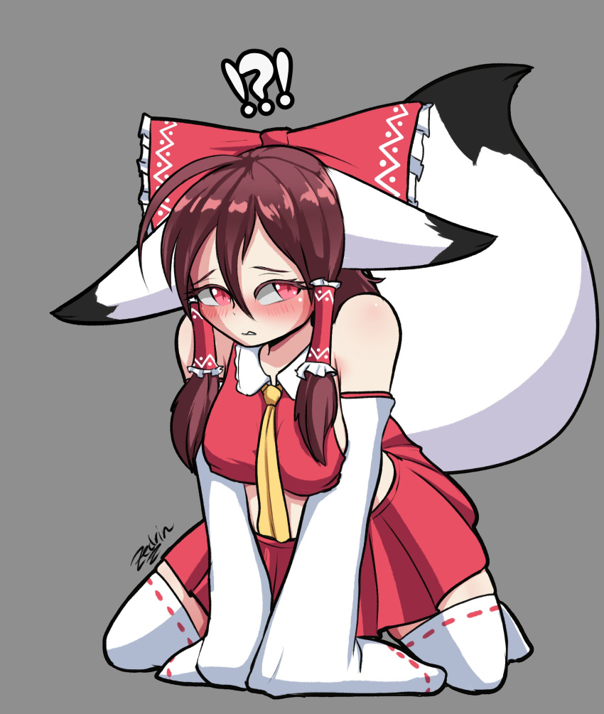 absurd_res accessory alternate_species animal_humanoid big_breasts blush bow_ribbon breasts brown_hair canid canid_humanoid canine canine_humanoid clothing female fox_humanoid hair hair_accessory hair_bow hair_ribbon hi_res humanoid looking_away mammal mammal_humanoid red_eyes reimu_hakurei ribbons side_boob signature simple_background solo tail text thick_thighs touhou zedrin