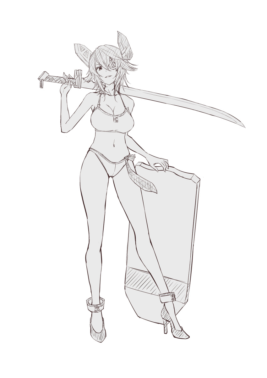 1girl absurdres bikini breasts eyepatch full_body headgear high_heels highres kantai_collection kickboard large_breasts lineart looking_at_viewer monochrome necktie necktie_removed neve_(morris-minicooper) short_hair solo standing swimsuit sword tenryuu_(kancolle) weapon