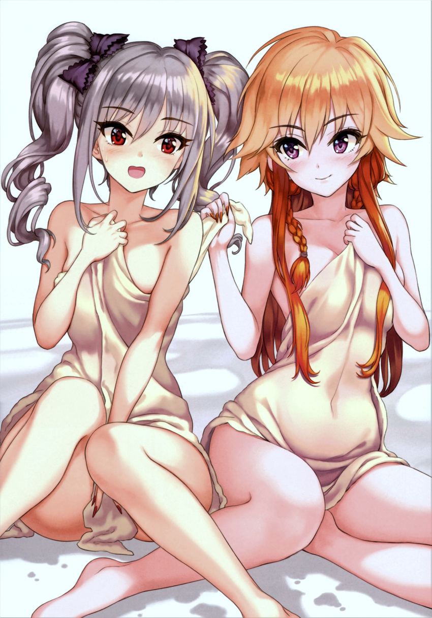 2girls absurdres bare_shoulders barefoot blush bow braid breasts collarbone drill_hair fingernails grey_hair hair_between_eyes hair_bow hamahama highres idolmaster idolmaster_cinderella_girls kanzaki_ranko long_hair looking_at_another medium_breasts multiple_girls nail_polish naked_towel ninomiya_asuka open_mouth orange_hair purple_eyes red_eyes scan sharp_fingernails sitting smile towel twin_braids twin_drills twintails