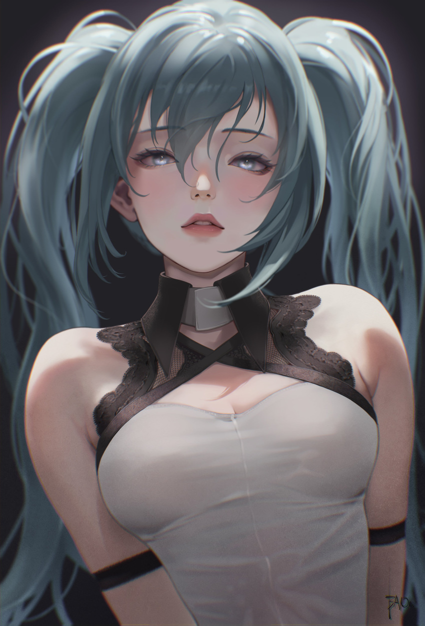 1girl absurdres aqua_hair armband bani-lizo bare_shoulders black_background blue_eyes blurry blush breasts cleavage depth_of_field eyelashes eyeshadow hair_between_eyes hatsune_miku highres lace_trim lipstick long_hair looking_at_viewer makeup making-of_available medium_breasts parted_lips red_lips shirt signature simple_background skindentation sleeveless solo twintails upper_body vocaloid white_shirt